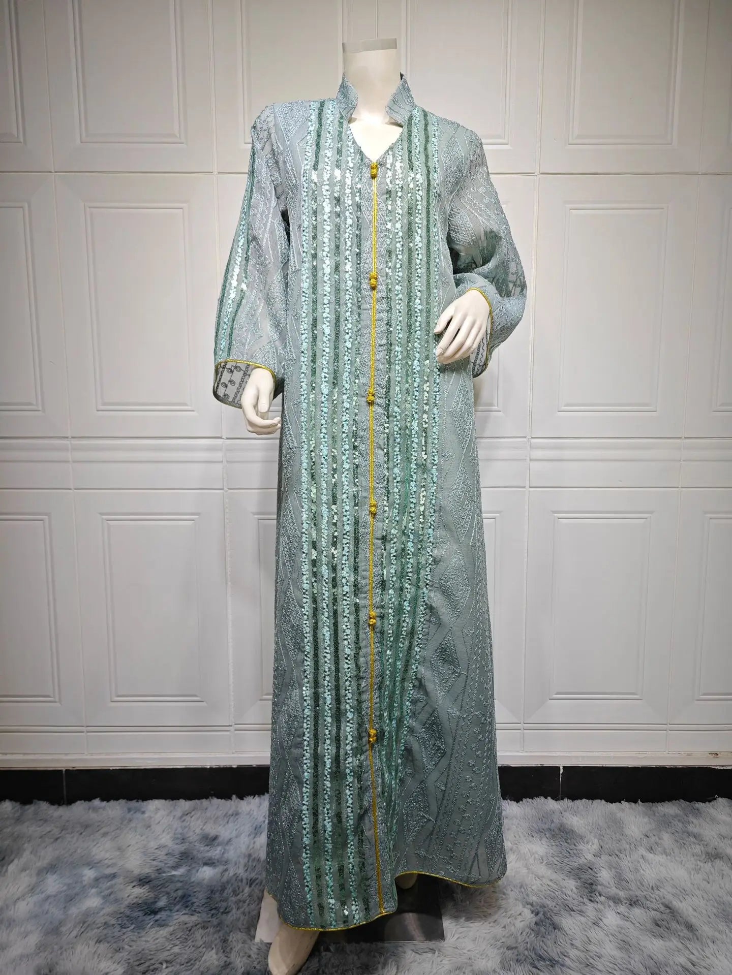 Moroccan Muslim Abaya Floral Print Women Long Maxi Dress Turkey Arab Dubai Eid Party Femme Ramadan Kaftan Jalabiya Vestidos Gown 129-5Green