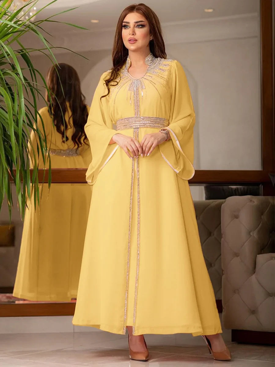 Arab Robe Fashion Middle East Muslim Kaftan Dubai Hot Fix Diamond Party Evening Dresses for Women Notched Stand Collar Yellow Dress