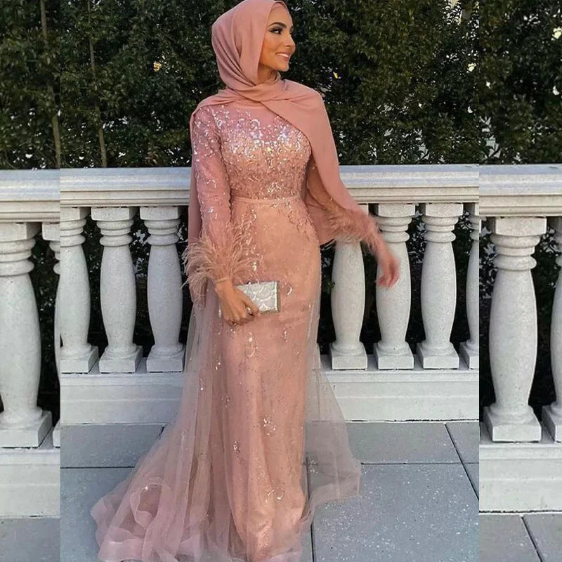 Muslim Pink Mermaid Evening Dresses for Women Long Sleeves Feathers Sequined Lace Hijab Soiree Formal Occasion Dress WHITE