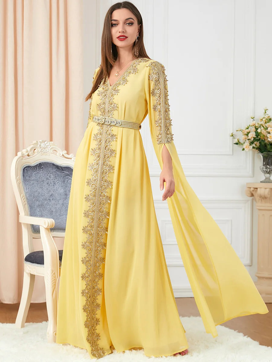 Evening Dresses Long Luxury 2022 Floral Embroidery Lace Panel Belted Chiffon Dress Moroccan Caftan Woman Robe Turkey Abayat Yellow Abaya