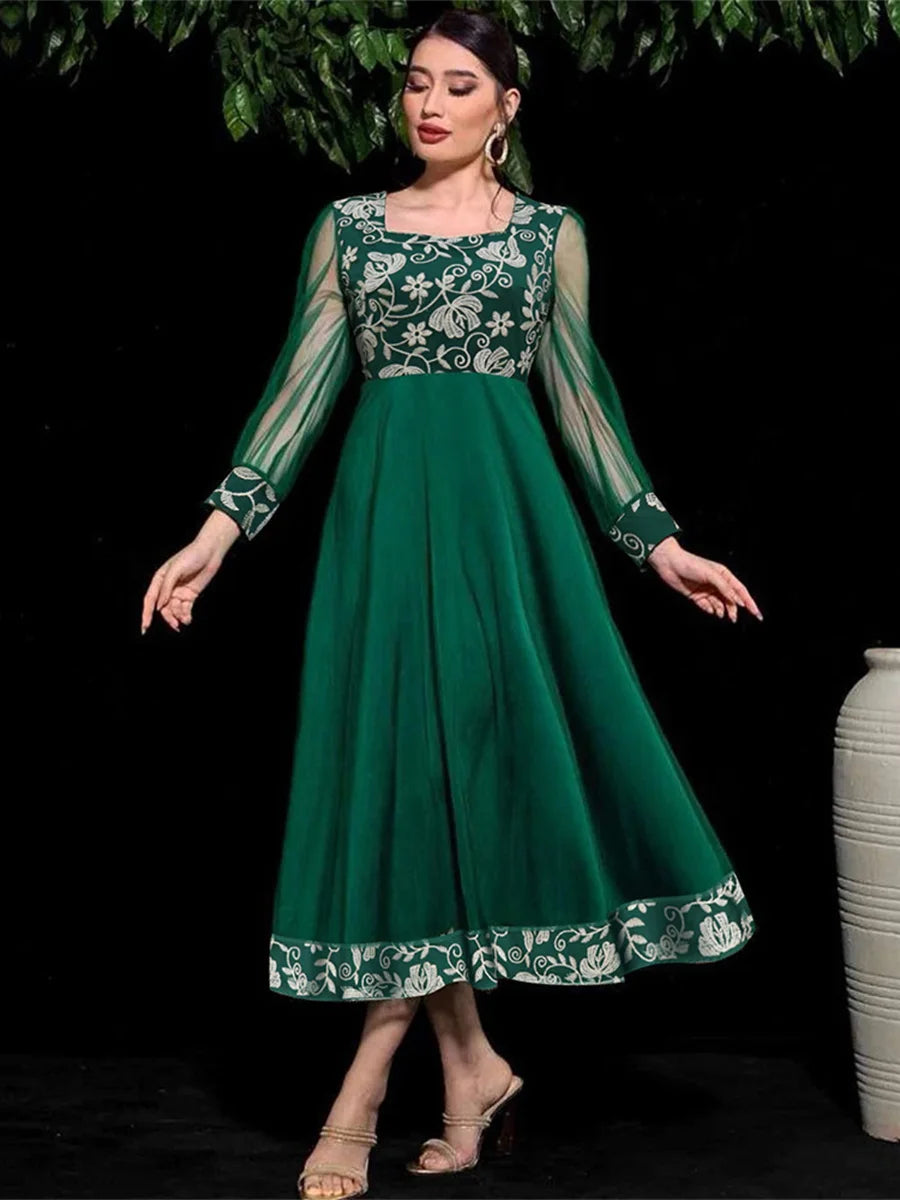 Arab Dubai Fashion Floral Embroidery Mesh Hollow Out Long Sleeve Evening Party Gown African Turkish Gulf Women Kaftan Green Dress