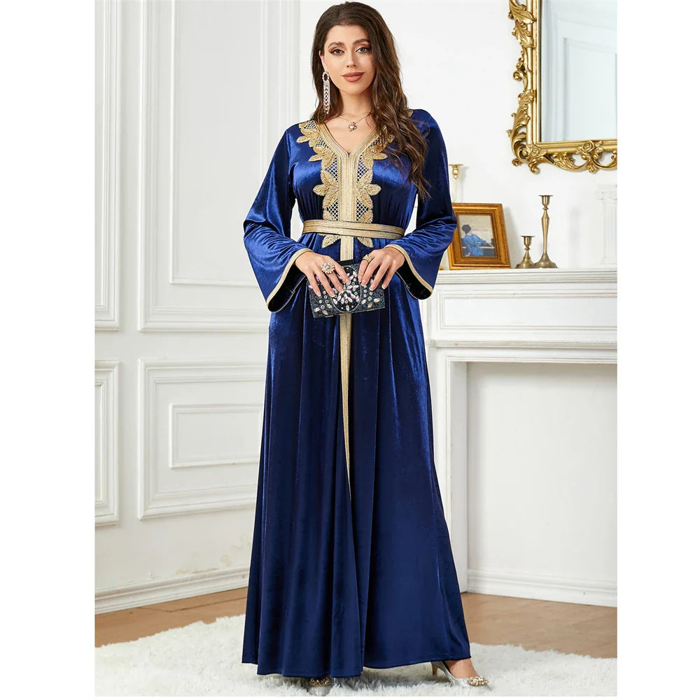 Velvet Embroidery Abaya for Fashion Women Muslim Winter Warm Long Maxi Dress Kaftan Turkey Arabic Kaftan Dubai Vestidos Moroccan 118-1Blue