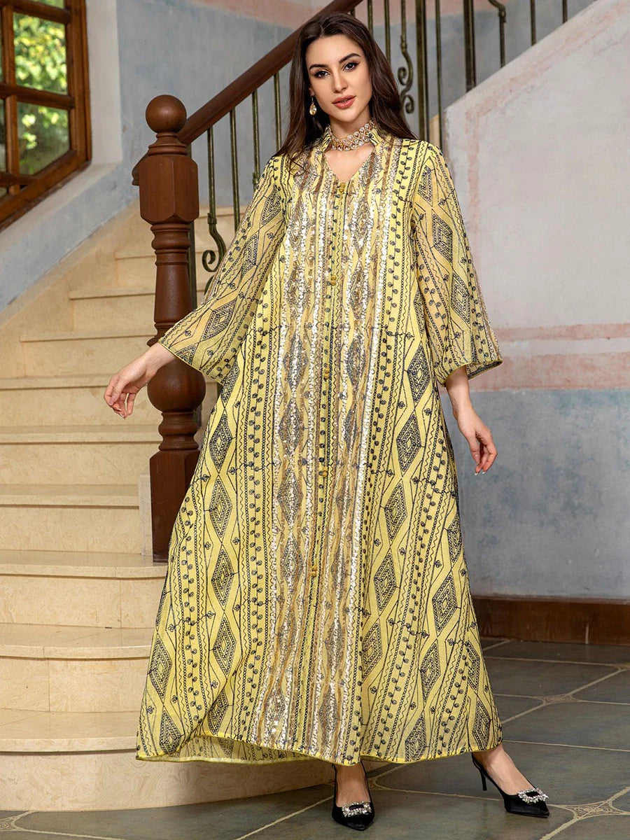 Dubai Fashion Sequins Embroidery Abaya Chic And Elegant Women Evening Dress Long Sleeve Notched V-Neck Casual Robe 2024 Yellow Dress