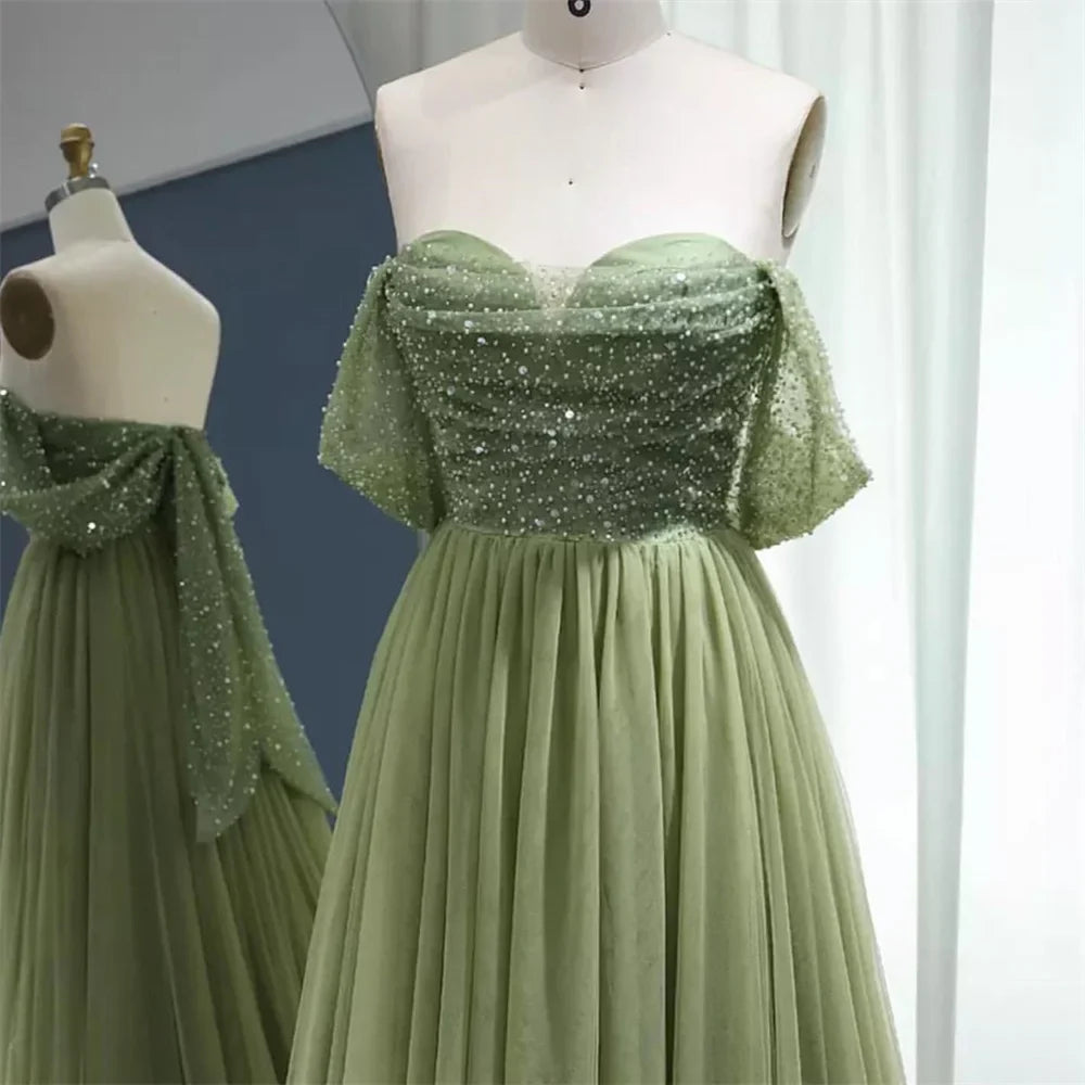 Green Shiny Sequins Prom Dresses Off the Shoulder Tulle Wedding Dress Elegant Sleeveless Floor-Length Vestidos De Fiesta