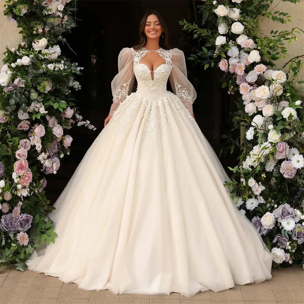 Sexy Beautiful Wedding Dresses Fascinating Exquisite Lace Applique Fluffy Long Sleeves Princess Style Mopping Bridal Gown