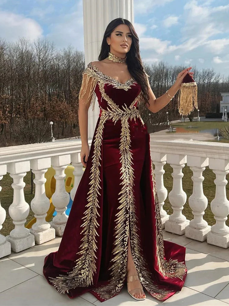 Burgundy Algeria Caftan Evening Dress Gold Lace Cap Sleeve Elegant Mermaid Velvet Arabic Prom Gowns Party Dress Burgundy