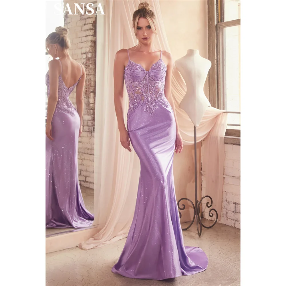 Gorgeous Spaghetti Strap Mermaid Prom Dress 3D Lace On Chest Vestidos De Noche Shiny Lavender Fishtail Party Dresses