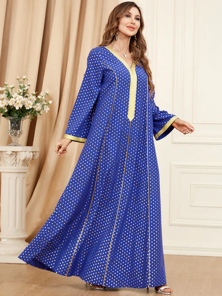 Elegant A-Line Dress V-Neck Lace Tape Polka Dot Print Long Dresses Abayas For Womens Dubai Ramadan Jalabiyat 2023 Color Blue Dress