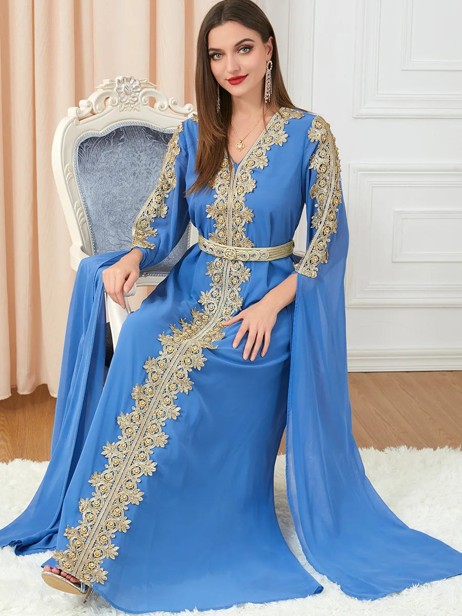 Chiffon Arabic Dresses for Women Extra Long Sleeve Moroccan Kaftan Embroidery Appliques Evening Party Islamic Kaftan Ramadan