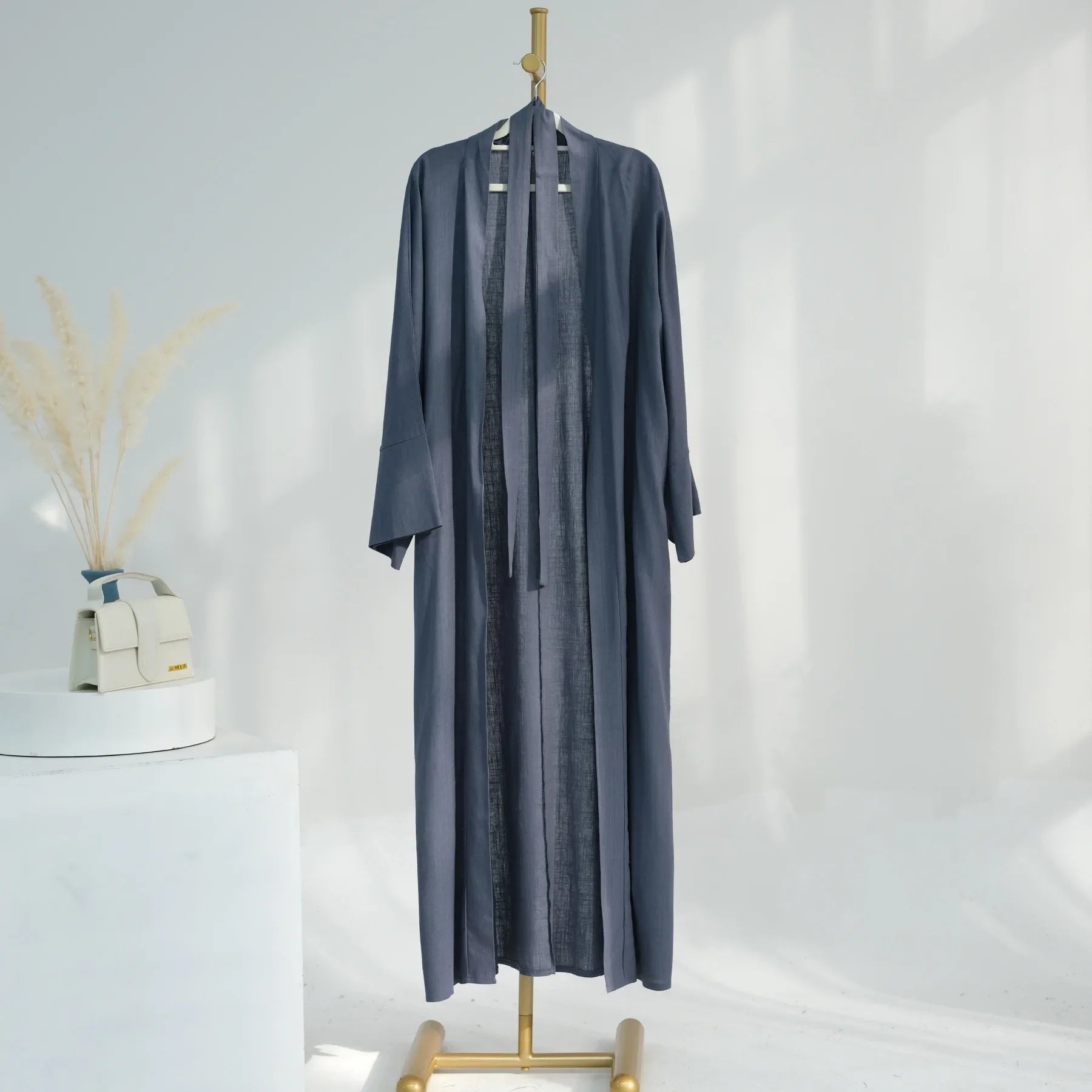 Eid Ramadan Muslim Women Cotton Linen Open Abaya Kimono Long Maxi Dress Turkey Dubai Islamic Arab Robe Cardigan Jalabiya Caftan 04 Only Gray Abaya