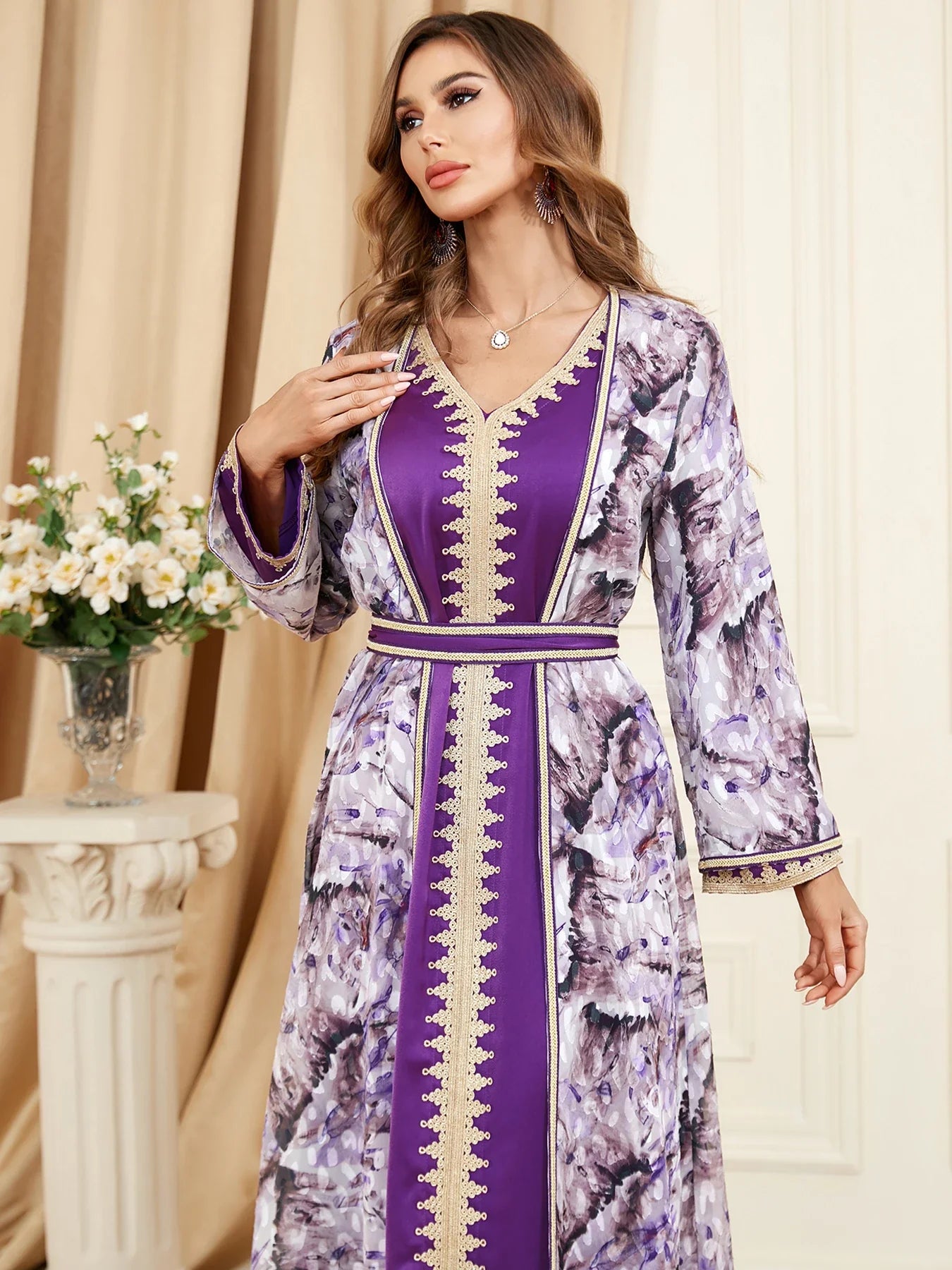 Muslim Abaya Satin 2 Piece Set Chic Printing Full Sleeve V-Neck Belted Robe Moroccan Caftan Ramadan Islamic Clothing