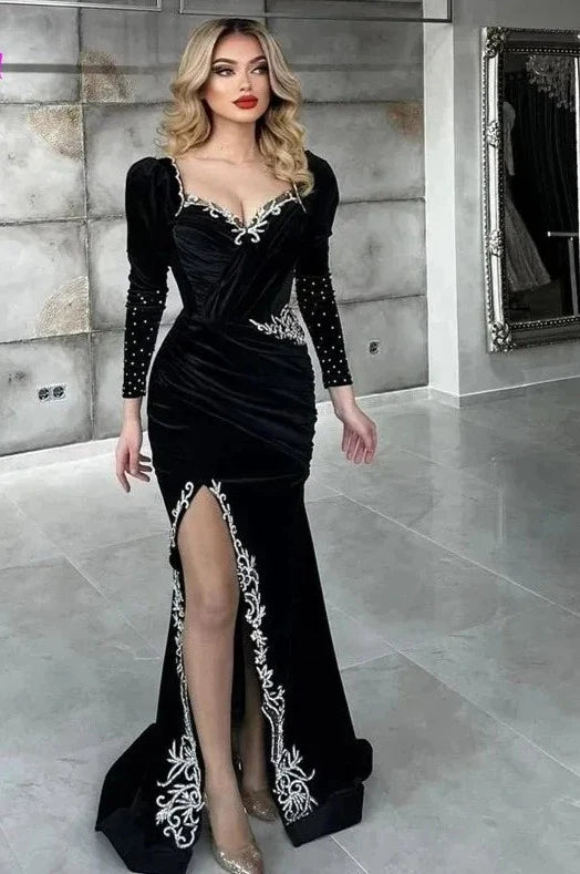 Black Mermaid Evening Dresses Moroccan Caftan Applique Long Sleeves Prom Gowns Split Women Party Guest Dress Photo color