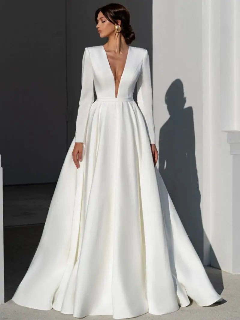 Elegant Simple Wedding Dresses For Women V-Neck Backless Sexy Bridal Gowns Satin Long Sleeve Robe A-Line Vestidos De Novia As Pics