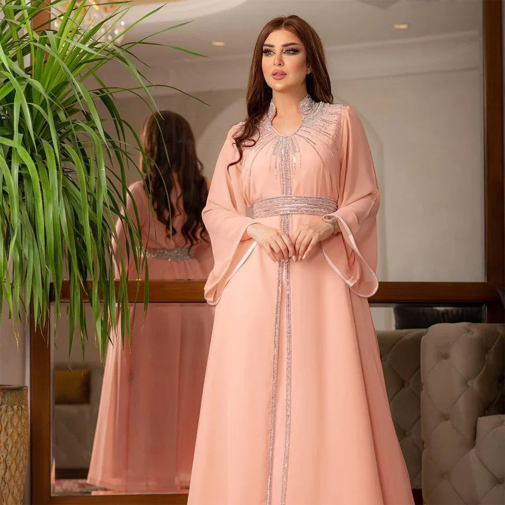 Turkish Abaya For Women Arabian Gown Moroccan Caftan Royal Women Fashion Hot Diamond Chiffon Dress With Belt Elegant V-neck Pink