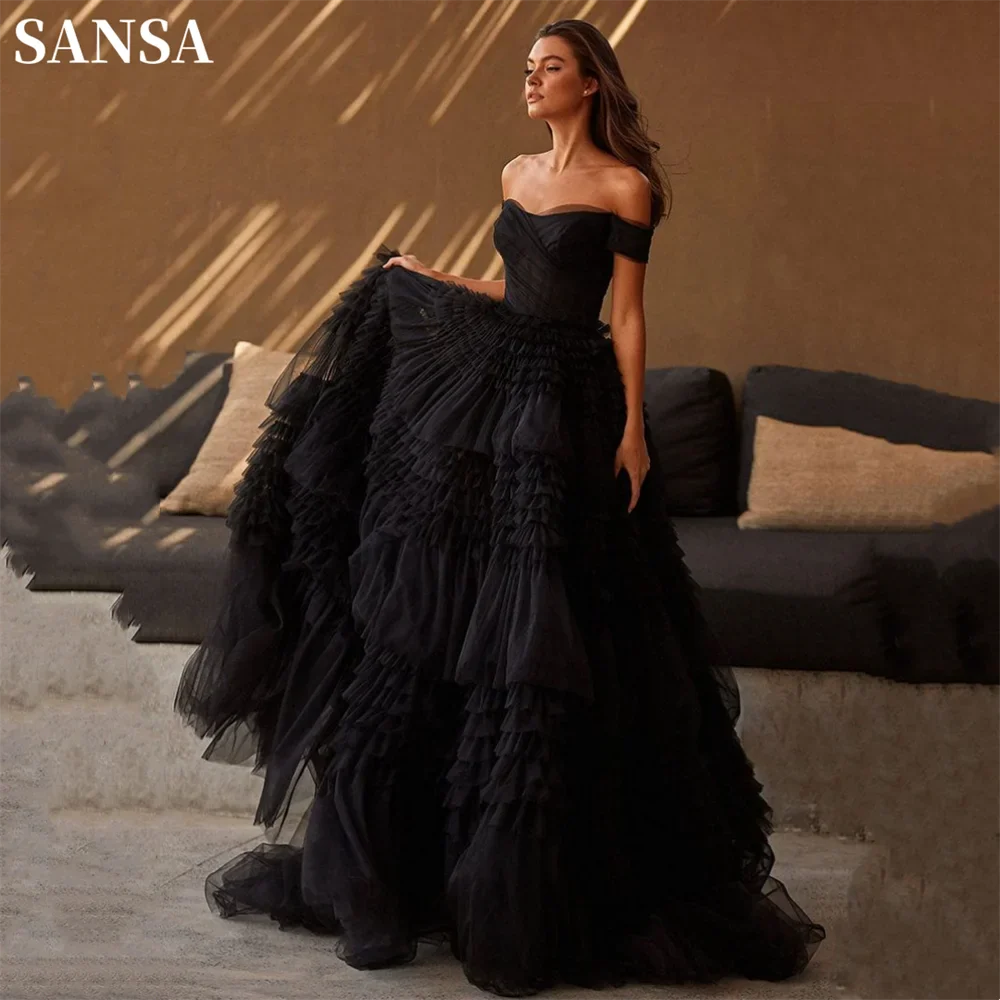 Sexy Off Shoulder Prom Dress Black Multilayer فستان حفلات الزفاف Luxury Ball Gown Tulle Puffy Robes De Soirée