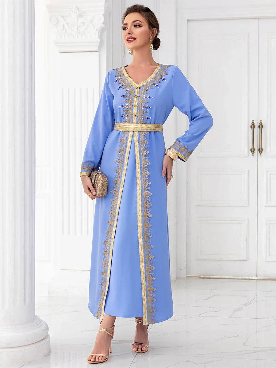 Chic Diamonds Moroccan Kaftan For Women 2 Piece Suit Solid Tape Trim Full Sleeve V-Neck Sashes Elegant Dubai Long Dress Blue Dress