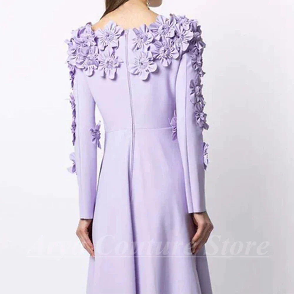 Chic Flowers Long Sleeve Evening Dress O-Neck A-Line Tea-Length Women Party Banquet with Pocket and Bow Lavender Zipper Gowns