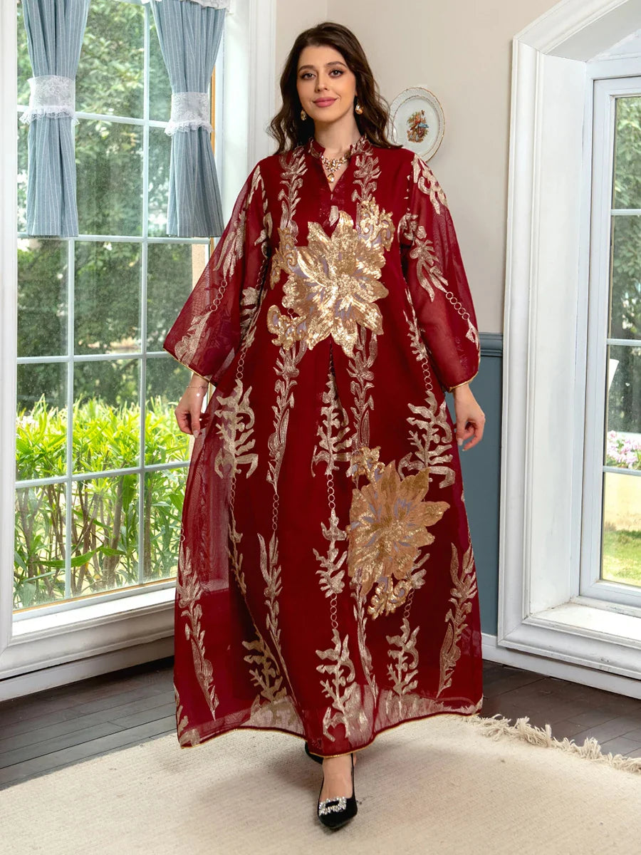 Sequins Embroidered Abaya Dress For Women Moroccan Kaftan Turkey Arabic Jalabiya White Islamic Ethnic Robe 2023 Eid New Red Dress