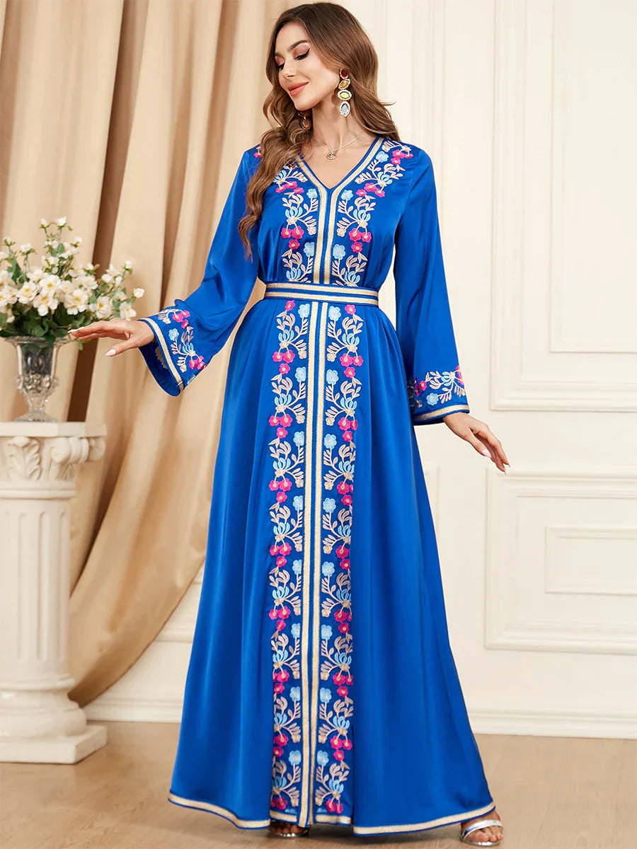 Ethnic Kuwaiti Women's Jalabiyat Abaya For Uae Dubai Female Solid Embroidery Belted Robe Ramadan Musulmane Caftan Dress Blue Dress