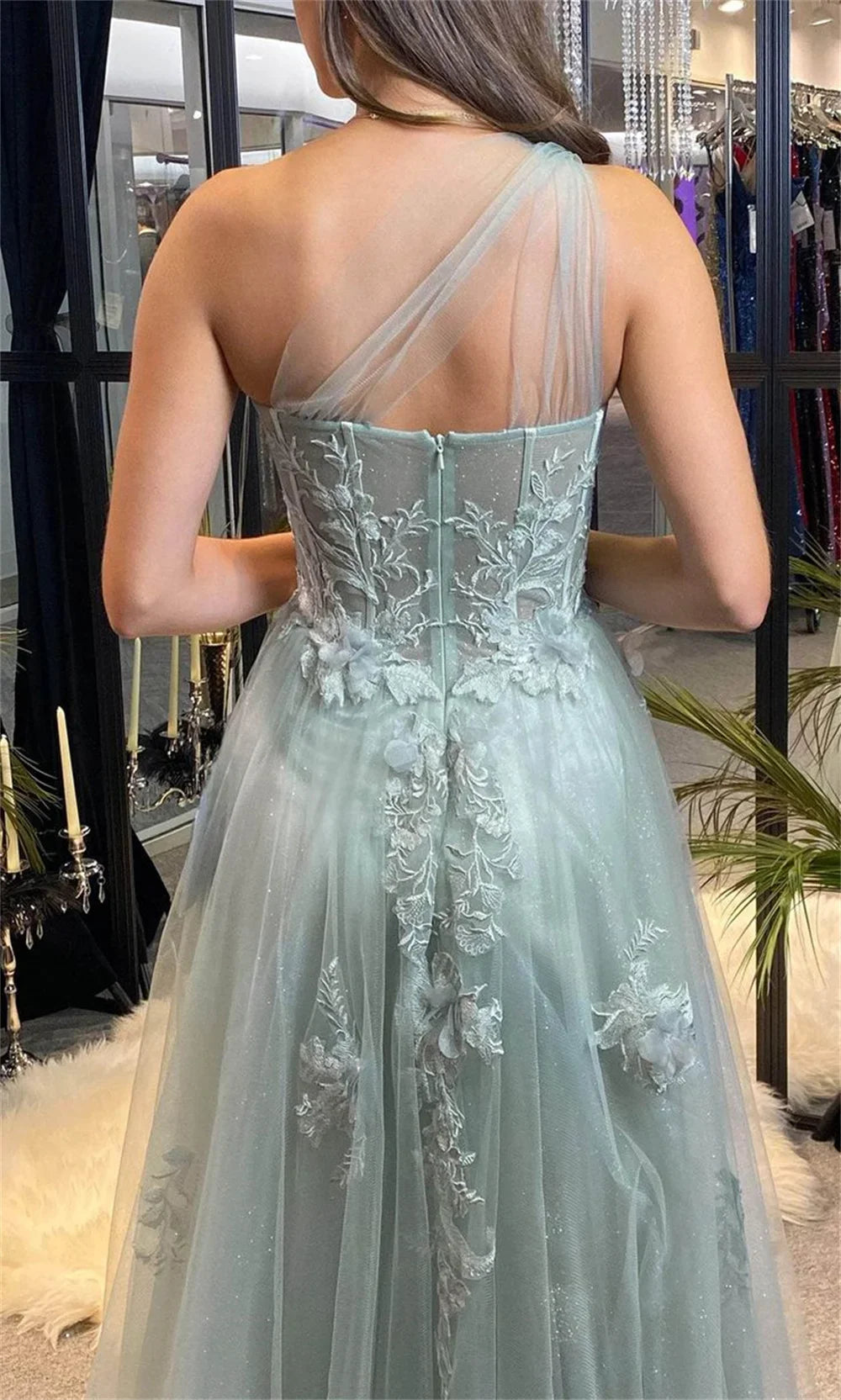Black One Shoulder A-line فساتين سهره فاخره Lace Embroidery Side Split Tulle فساتين السهرة Sweet Flower Prom Dresses