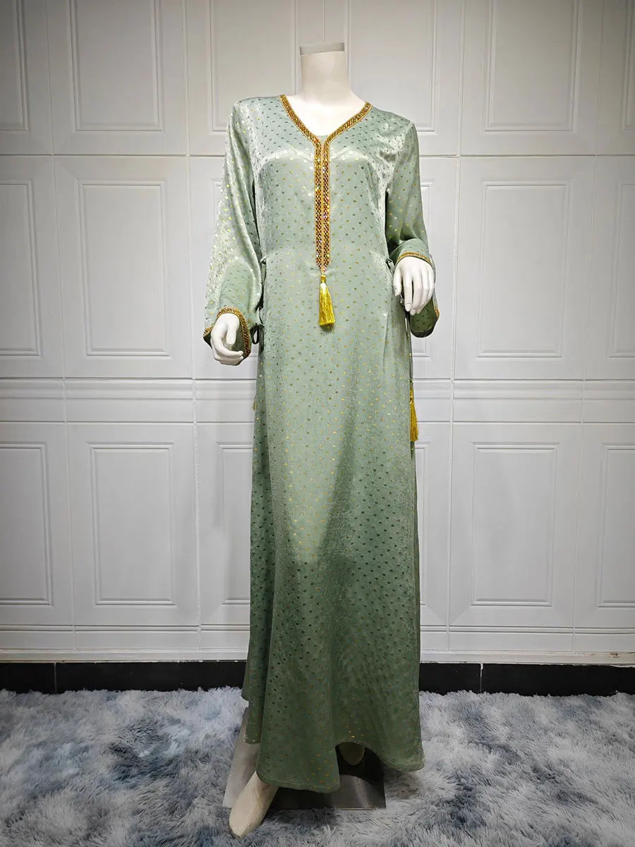 Dubai Muslim Women Casual Long Dresses Moroccan Saudi kaftan Clothing Solid Velour Belted Gold Stamping Abayas 2024 New Light Green Dress