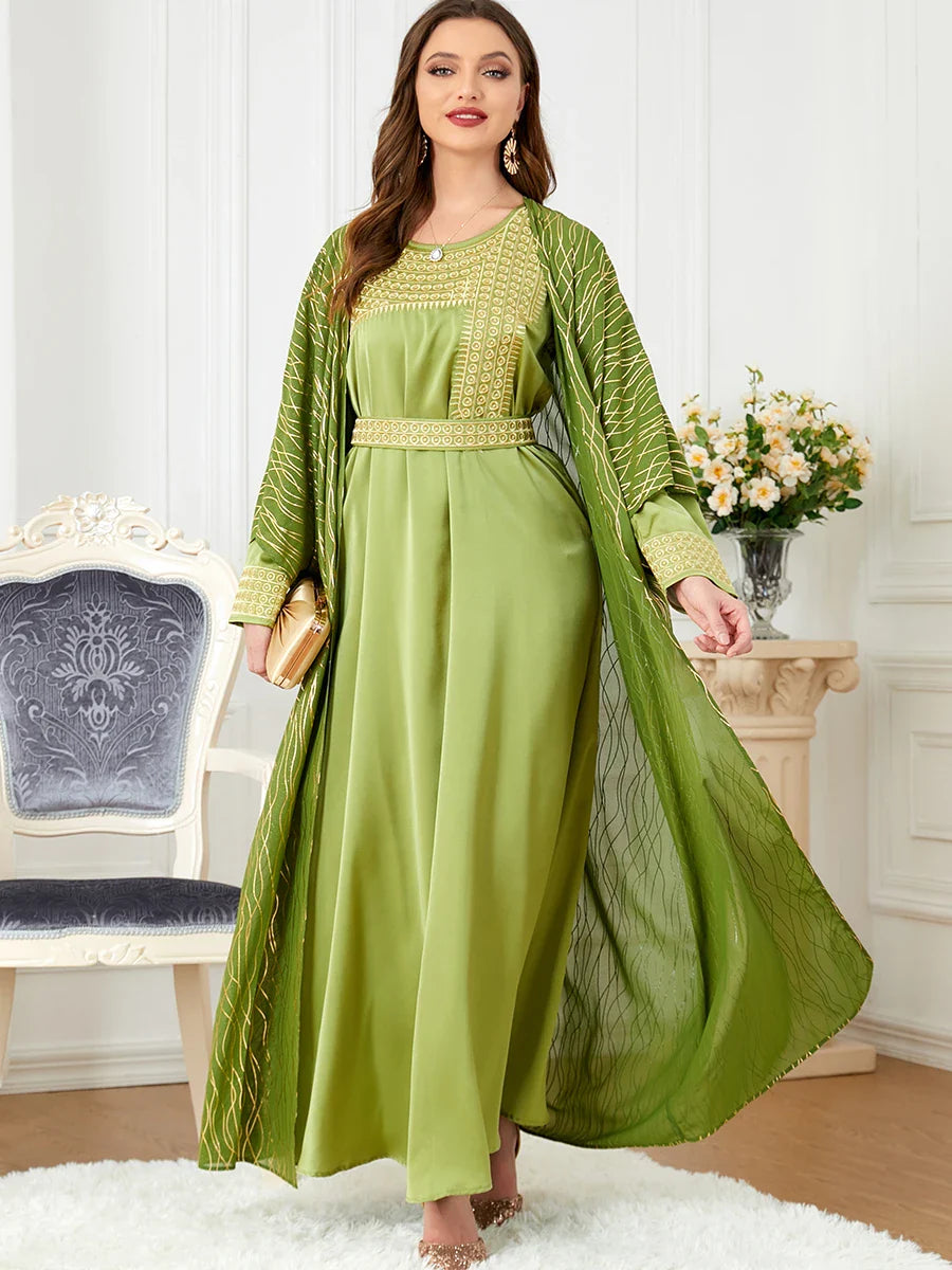 Elegant Casual Women's Dresses Abayas For Women Luxury 2 Piece Muslim Sets Embroidery Belted Kaftan Islamic Dresses Ramadan Green Abaya