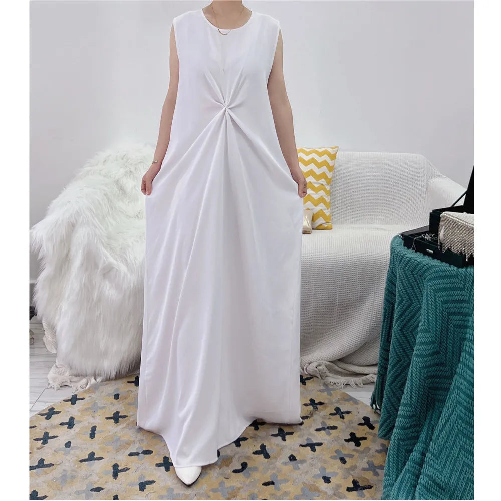 Muslim Women Lady Long Maxi Dress Sleeveless Underdress Slim Arabic Abaya Robe Ramadan Kaftan Turkish Dubai Clothing Middle East EED012-7White