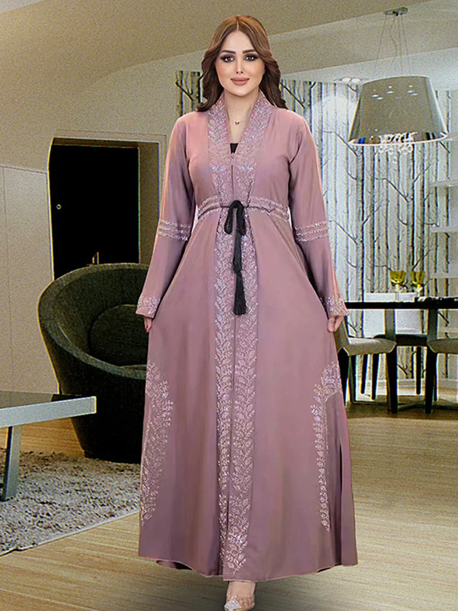 Muslim Ramadan Eid Arab Ethnic Modest Plus Size Zippers Diamonds Women Abaya With Sashes Moroccan Bangladesh Outfits Pink Robe