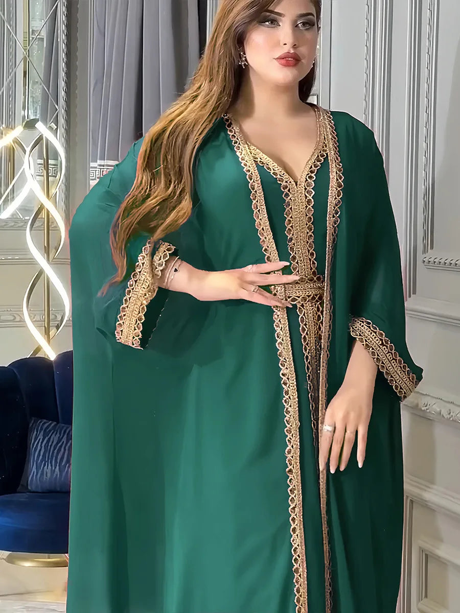 Muslim Fashion Two Piece Sequined Solid Summer V-Neck Abaya And Vest Long Dress Overgarments Islamic Women Moroccan Clothing Dark Green Dress