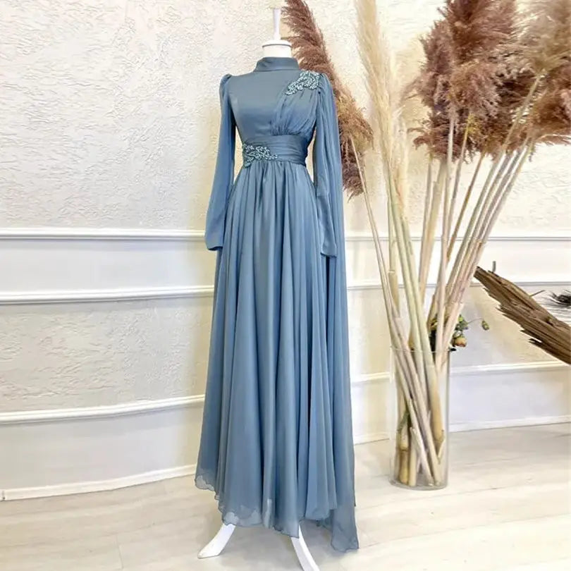 A-Line Chiffon Blue Prom Gown Vestidos De Noite Beaded Long Sleeves Formal Dress Arabic Dubai Arabic Evening Dresses Blue