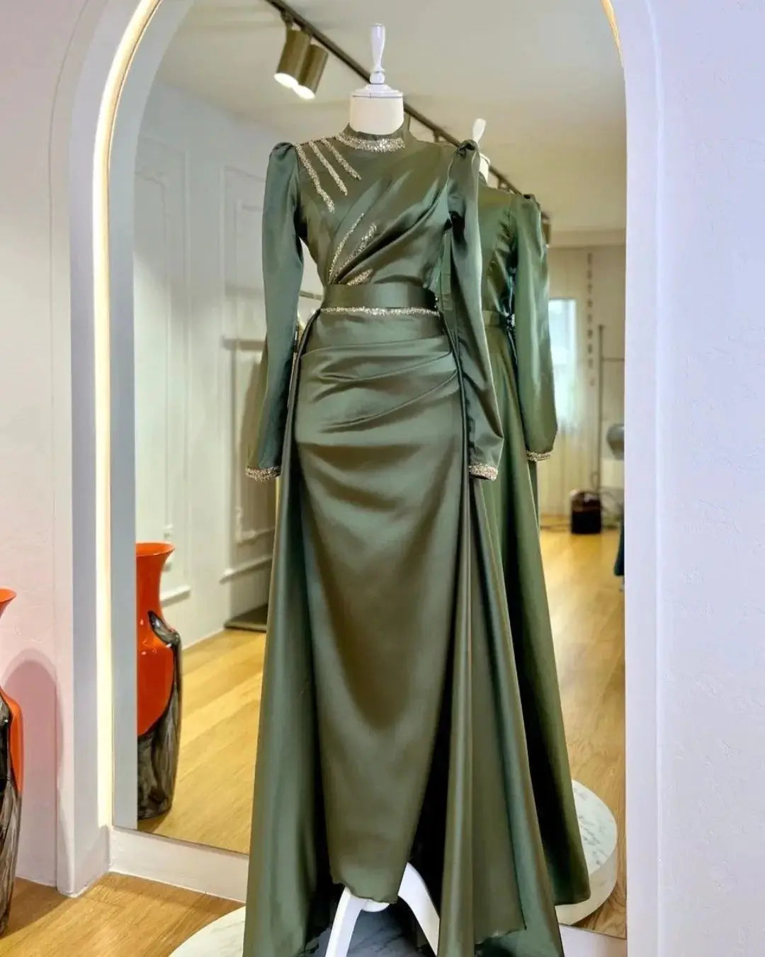 Elegant Muslim Evening Gown Mermaid Long Sleeve Formal Dress High Neck Arabia Dubai Wedding Party Dress Vestidos De Noite picture color