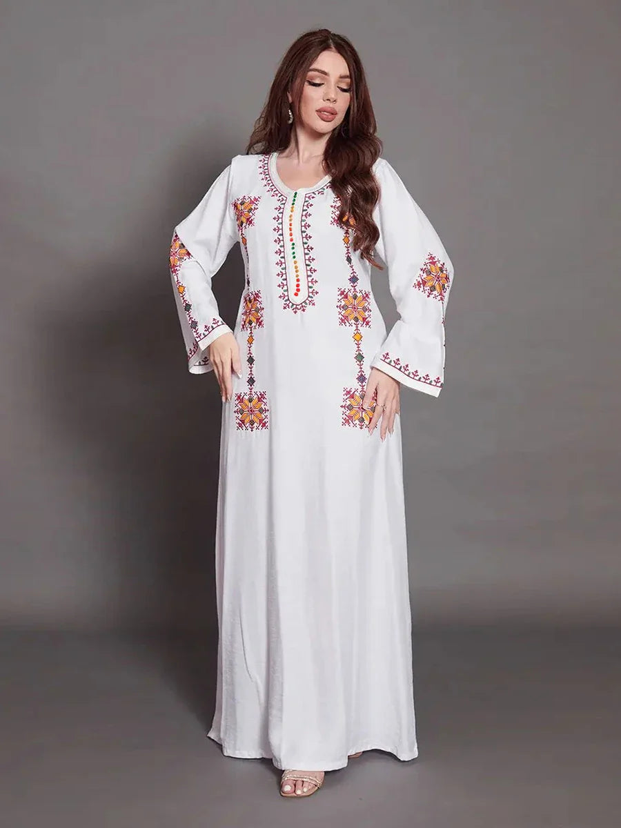 Arabic Dress For Women 2023 Moroccan Dubai Africano Abaya Solid Embroidery Full Sleeve Loose Ramadan Muslim Femme Robe White Dress