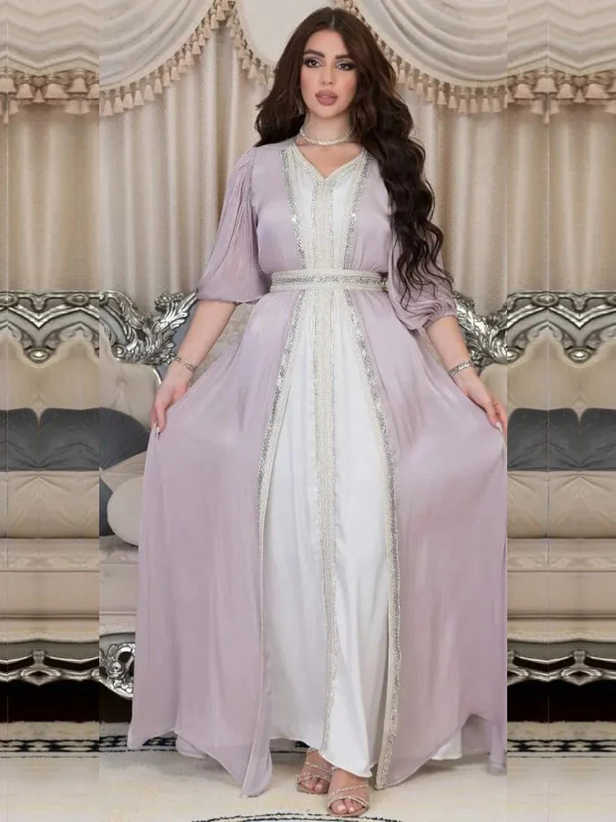 Dubai Abaya Luxury For Muslim Women Diamonds V-Neck Lace Tape Belted Kaftan 2pcs Modest Fashion Long Dresses Ramadan Clothes Purple Dress