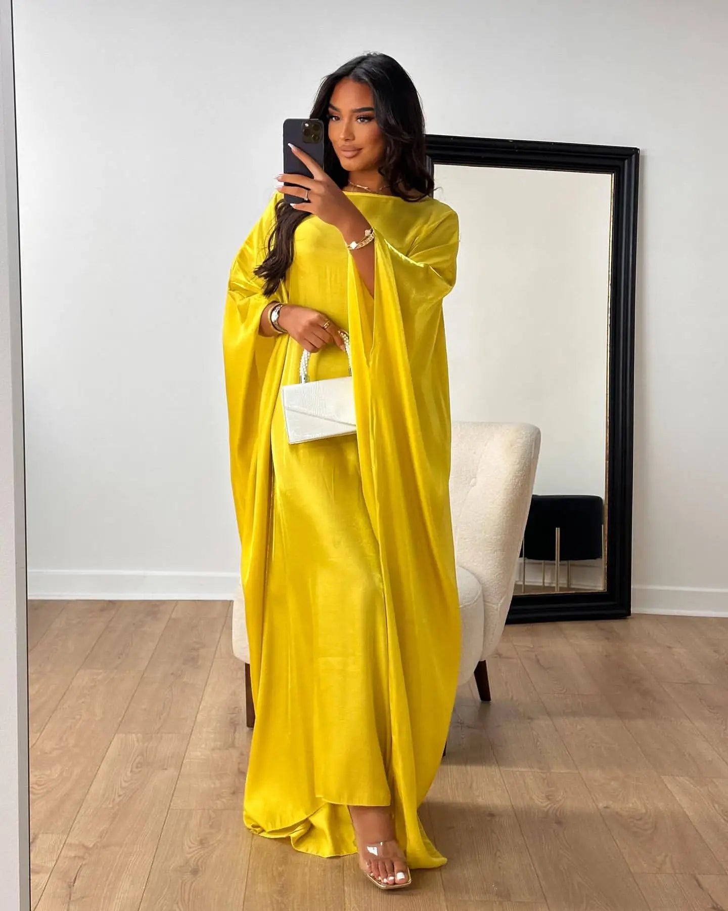 Abaya Women Ramadan Shiny Dubai Muslim Dress Female Bat Sleeve Loose Robe Eid Djellaba Jalabiya Turkey Prayer Gown Arabic Kaftan 13 Yellow