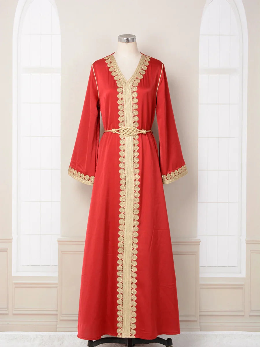 Muslin Dress For Prom V-neck Abaya Kaftan Dubai Arabic Robe Gold Embroidered Lace Fashion Museum Women's Dress With Belt Red