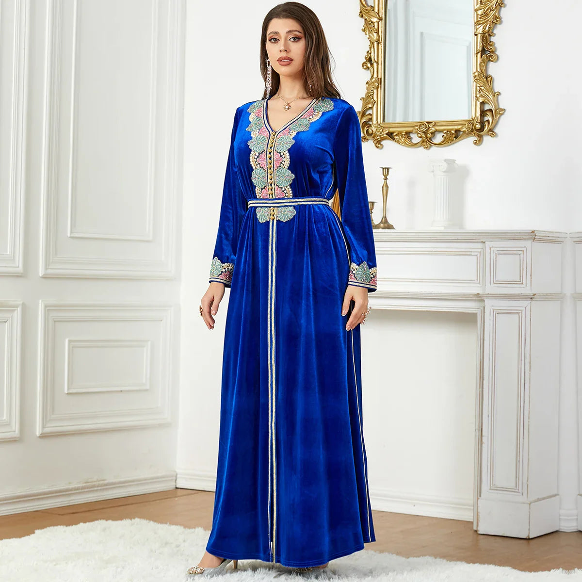 Winter Abaya Floral Appliques Velour Belted Arabic Dress Dubai Moroccan Islam Clothing Evening Party Muslim Women Kaftan Ramadan Blue