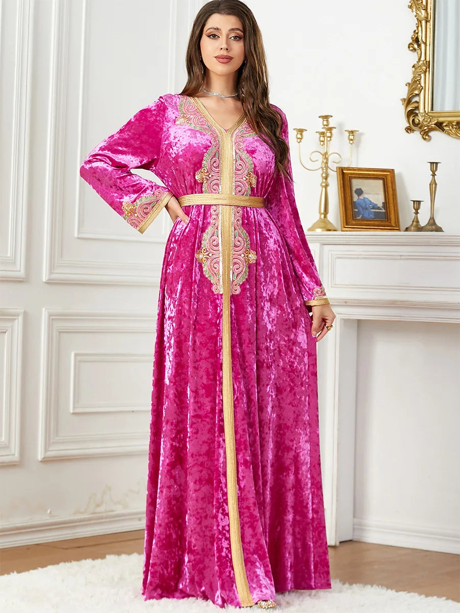 Dubai Saudi Autumn Winter Velvet Dress For Women Kuwaiti Fashion Appliques Long Sleeve Belted Turkish Gulf Clothing Rhodo Dress