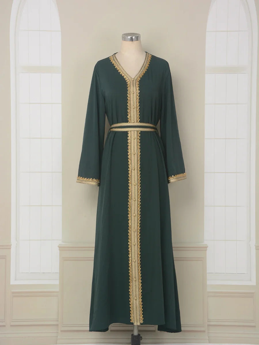 Long Dress For Prom V-neck Women Abaya Muslim Robe Gold Beaded Lace Simple Fashion Dress with Belt Casual Dubai Arab Kaftan Dark Green.