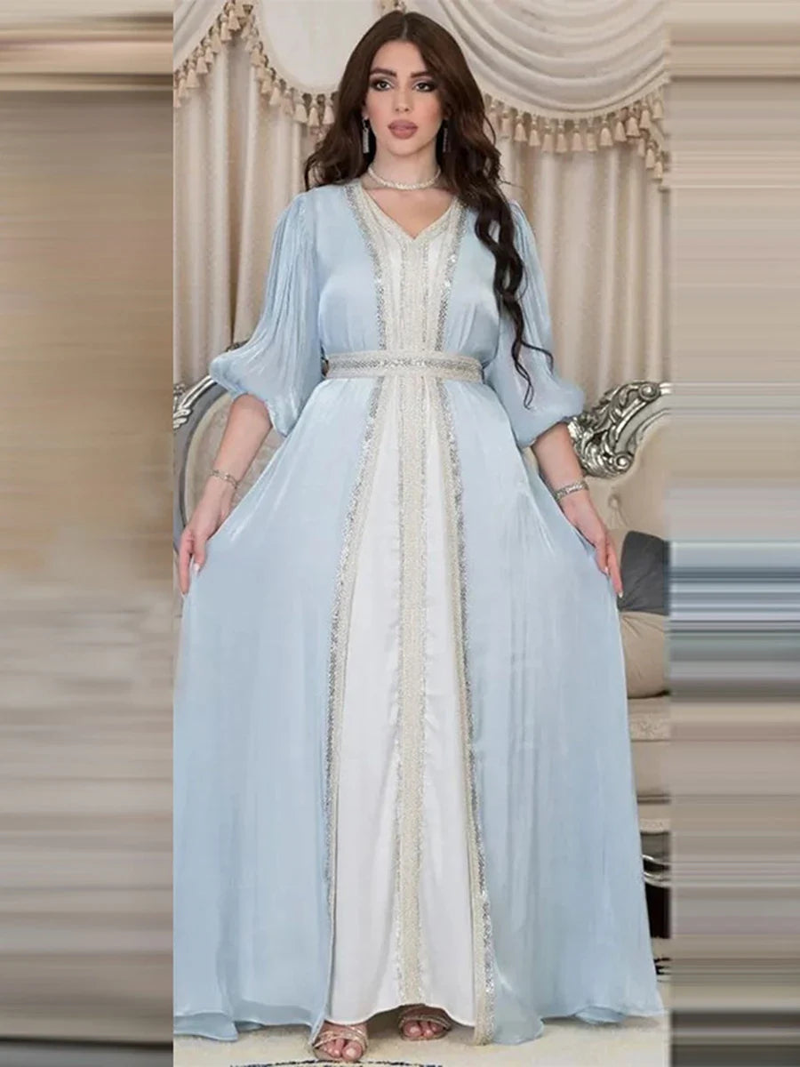 Dubai Abaya Luxury For Muslim Women Diamonds V-Neck Lace Tape Belted Kaftan 2pcs Modest Fashion Long Dresses Ramadan Clothes Blue Dress