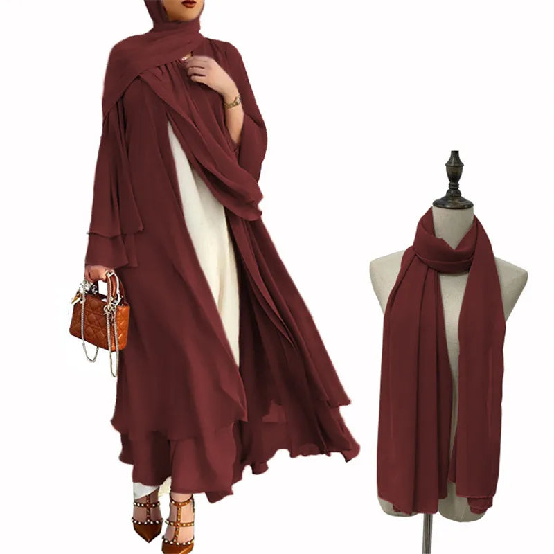 Muslim Women Abaya Long Maxi Dress Dubai Beads Kimono Turkish Open Cardigan Clothing Islam Ramadan Robe Eid Middle East Jalabiya EYA027-3Wine