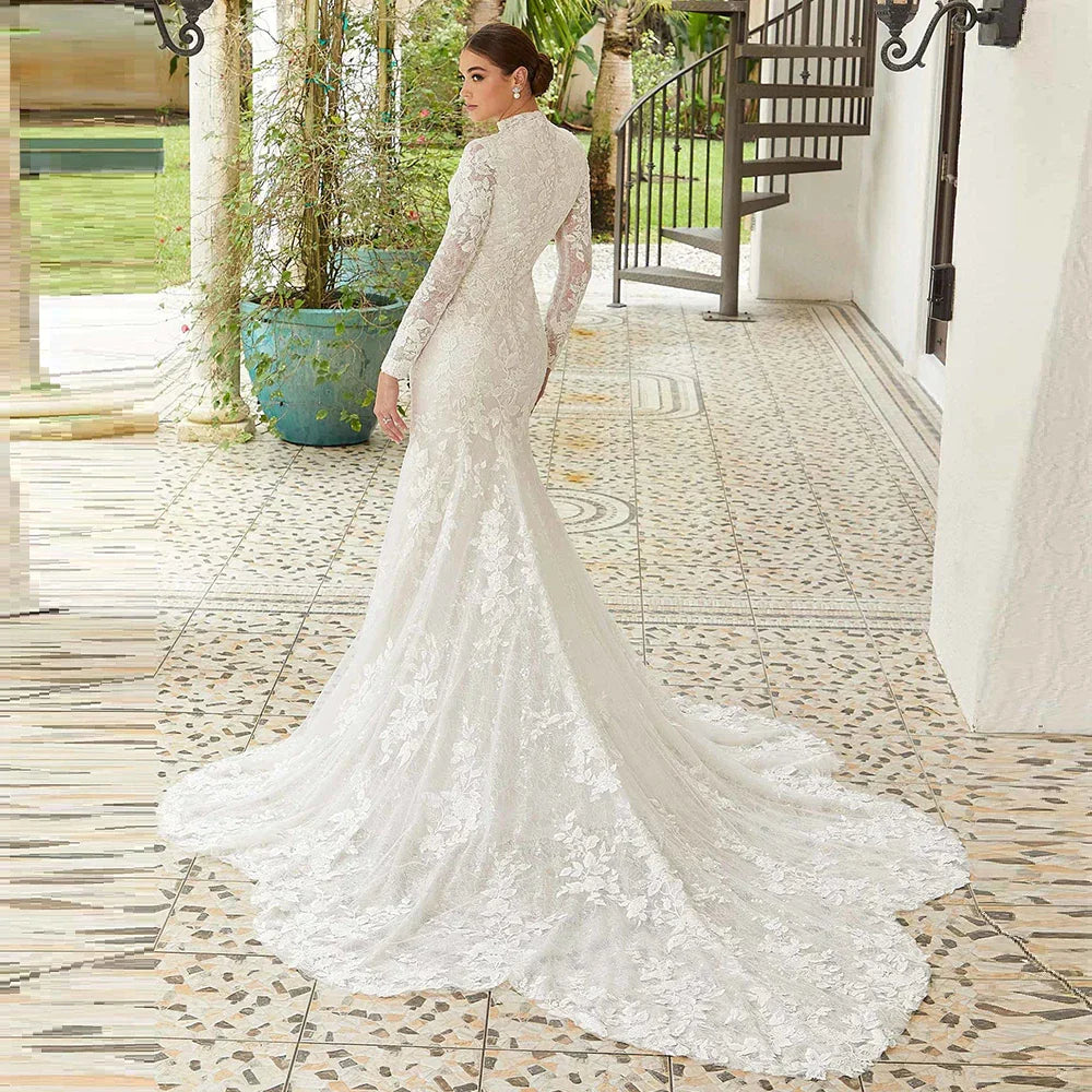 Laboum Elegant High-Neck Wedding Dresses for Women Full Sleeves Fit and Flare Lace Court Train Floor-Length Robe De Marie