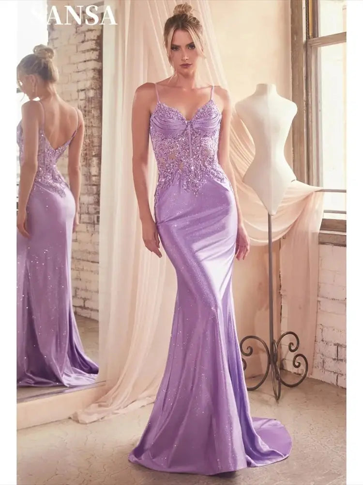 Gorgeous Spaghetti Strap Mermaid Prom Dress 3D Lace On Chest Vestidos De Noche Shiny Lavender Fishtail Party Dresses PURPLE