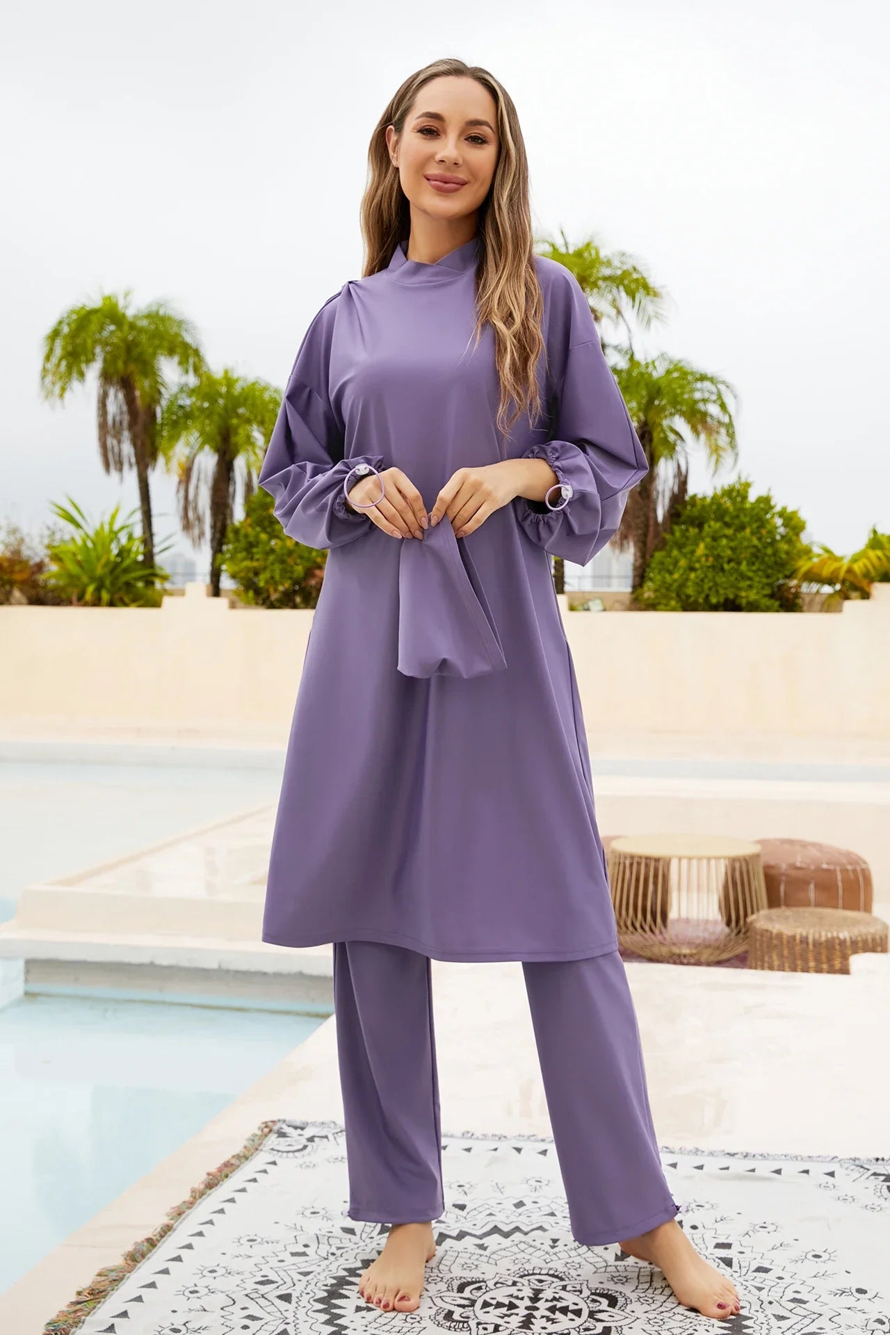 Birkini Muslim Woman 3 Piece Set Borkini Elastic Cuff Tops+Long Pants+Head Cap Islamic Clothing Dubai Turk Hijabi Swimsuit