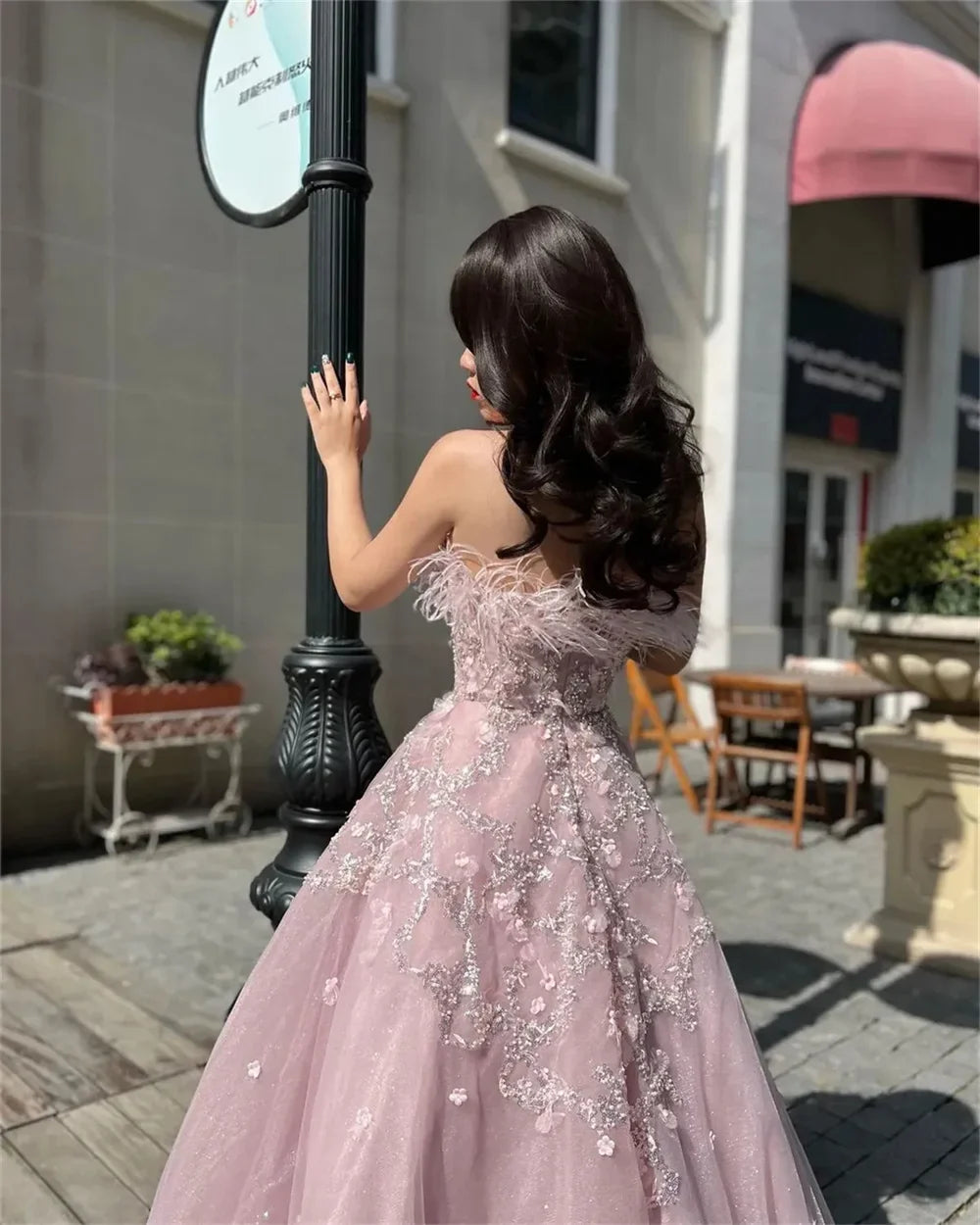 Pale Pink Ball Gown Prom Dress Lace Embroidery فساتين سهرة سعودية Off Shoulder Ostrich Hair vestido de festa noite