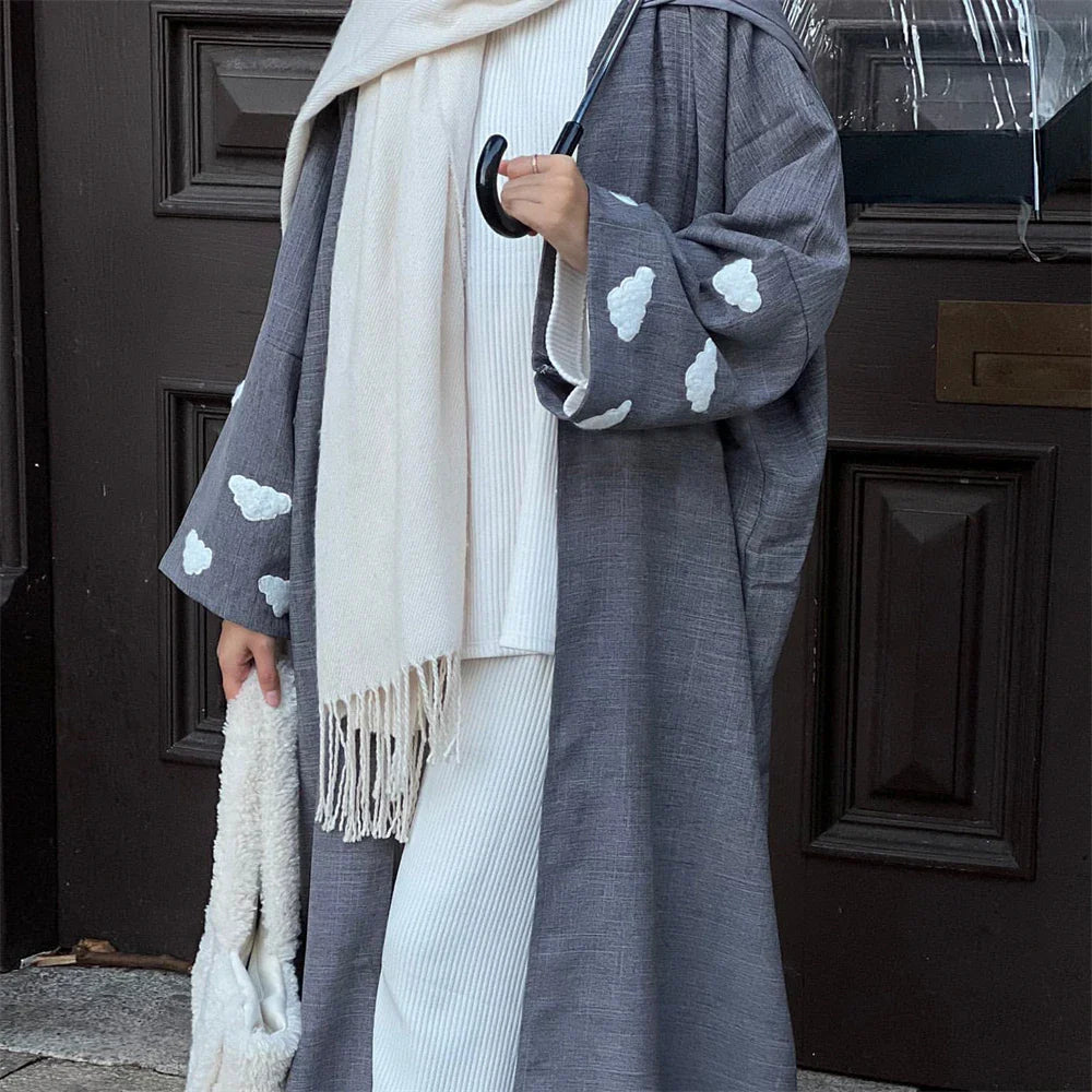 Love Embroidery Open Abaya Kimono Long Maxi Dress Coat Hijab Muslim for Women Islam Modest Clothing Eid Party Turkish Dubai Robe 142-1Gray