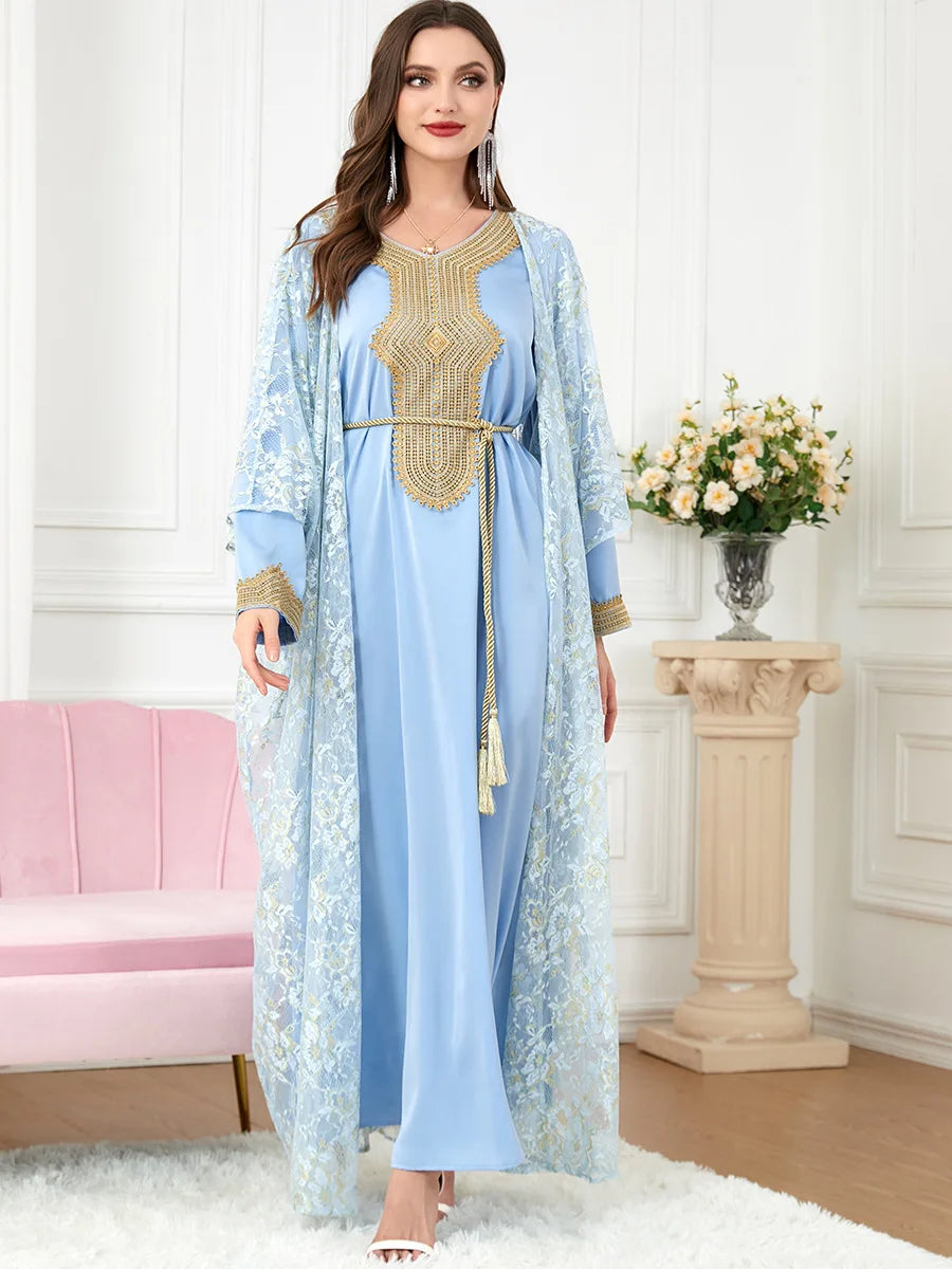 Muslim Sets Lace Abaya And Satin Dress Jalabiyat Turkish Moroccan Caftan For Women Solid Long Sleeve Belted Clothing Blue Dress