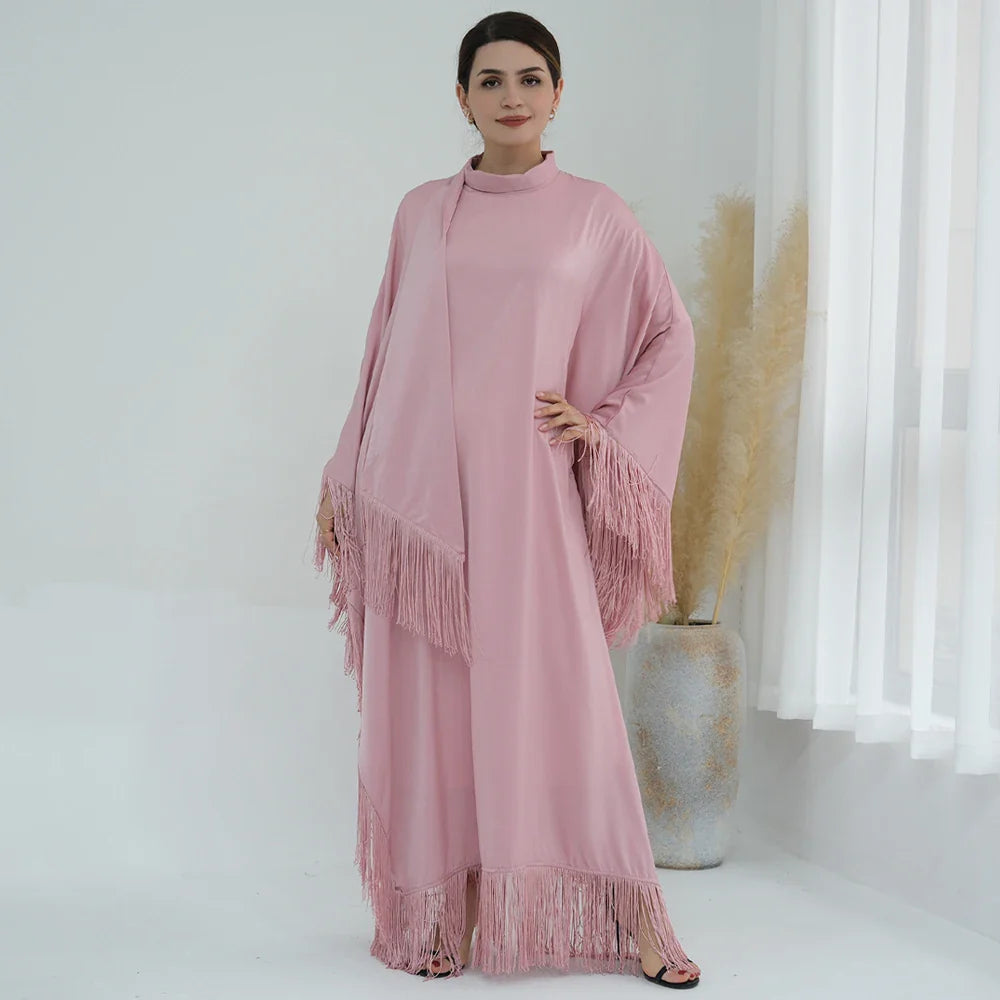 Kaftan Dress Moroccan Caftan Muslim Women Islamic Clothing Dubai Turkish Abaya Tassel Evening Party Ramadan Eid Arabic Robe Pink