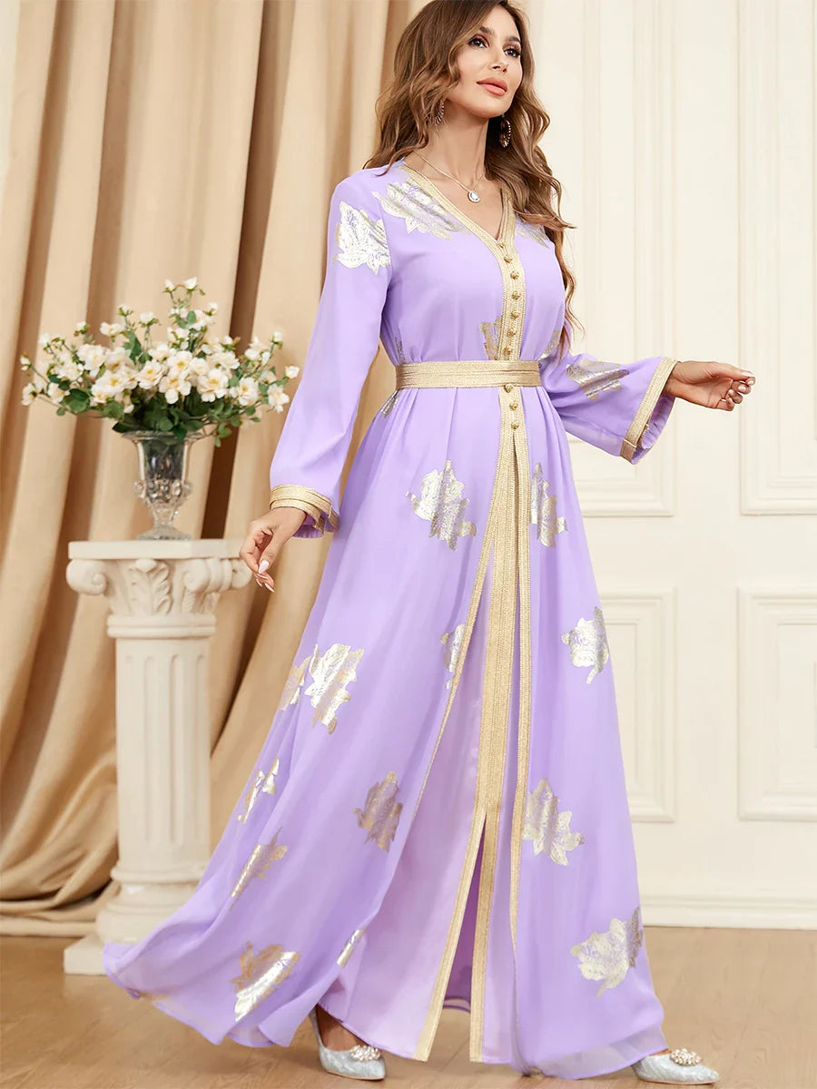 2 Pieces Abaya Dress Set For Women Modest Muslim Moroccan Jalabiya Dubai Turkish Kaftan Islamic Clothing Gold Stamping Purple Dress