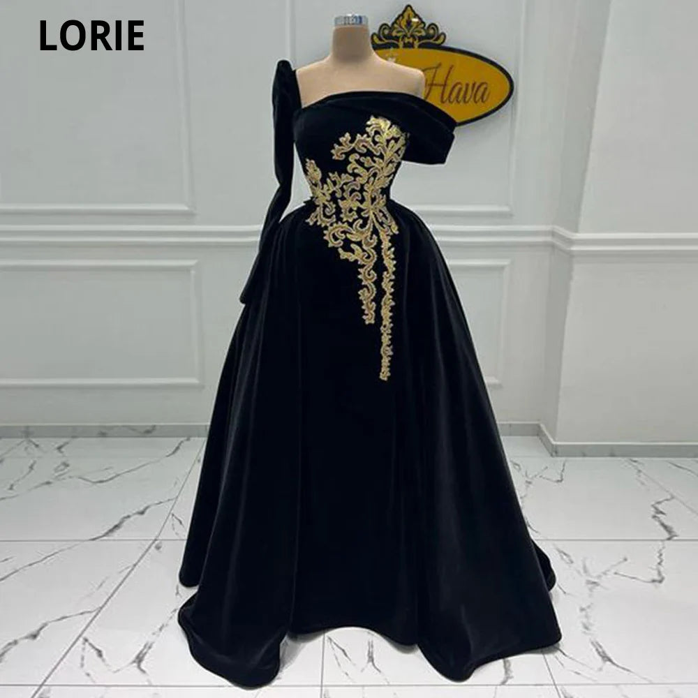 Moroccan Kaftan Evening Dresses Dubai Abaya Arabic Gold Appliques One Sleeve Caftan Dress Elegant Special Occasion Gowns Black