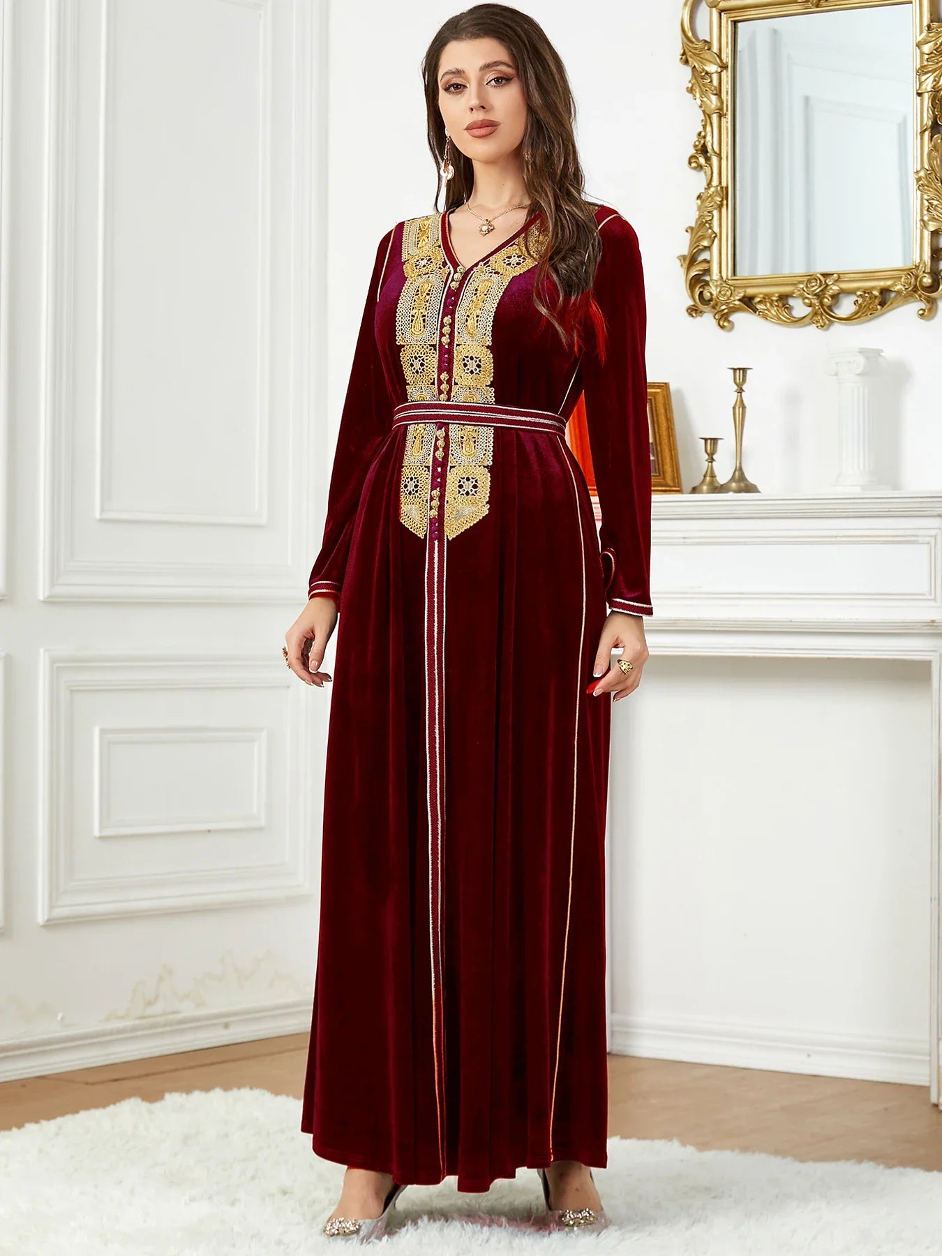 Velour Winter Abaya Gold Appliques Moroccan Caftan Casual Dubai Belted Arabic Dress Islamic Clothing Muslim Women Ramadan Eid